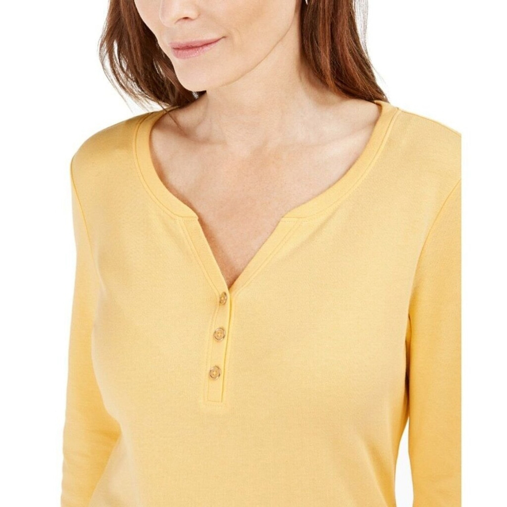 Karen Scott Women's Medium Petite 100% Cotton Yellow 3/4-Sleeve Henley Shirt NWT - Picture 3 of 6